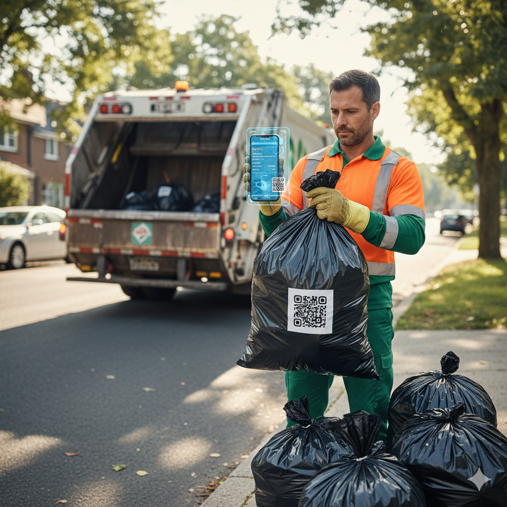 Pracownik służb komunalnych skanujący worek DiWaCo